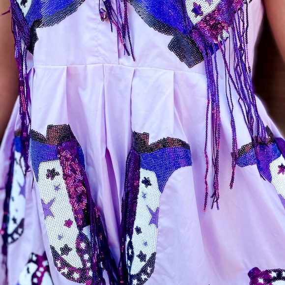 Queen of Sparkles Dress Purple Sequin Cowboy Boot Fringe XS Mini Fairy Pockets - Picture 14 of 15